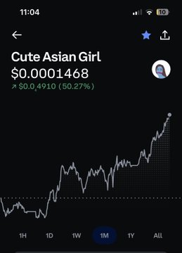 A Robinhood-style stock chart showing 'Cute Asian Girl' at $0.0001468, up 0.27% ($0.4910), with the 1M timeframe selected.