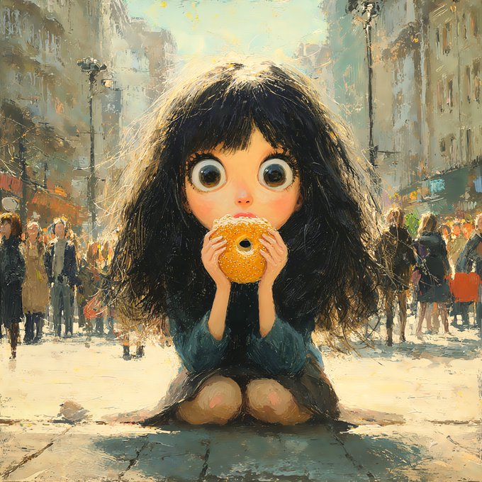 A whimsical painted illustration of a wide-eyed little girl with long dark hair sitting on a city street and biting into a large glazed donut, with blurred pedestrians behind her.