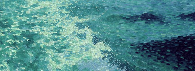 An impressionist-style painting depicting rippling turquoise and green water with white reflections, featuring visible brushstrokes in shades of teal, green, blue, and white that create the texture of flowing water.