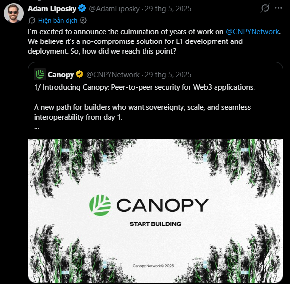 A tweet from Adam Liposky (@AdamLiposky) announces the launch of Canopy (@CNPYNetwork), described as 'Peer-to-peer security for Web3 applications.'