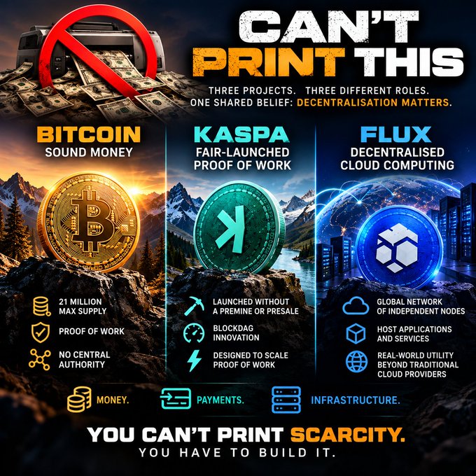 A crypto infographic titled 'CAN'T PRINT THIS' compares three cryptocurrencies—BITCOIN (Sound Money, 21 million max supply), KASPA (Fair-Launched Proof of Work), and FLUX (Decentralised Cloud Computing)—highlighting decentralization with the tagline 'YOU CAN'T PRINT SCARCITY. YOU HAVE TO BUILD IT.'