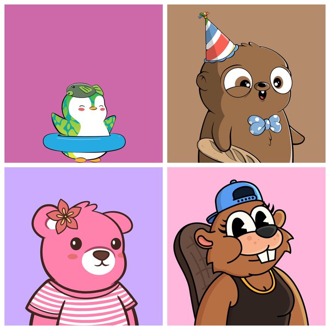 A 2x2 grid of cute cartoon character illustrations: a penguin with a leaf hat in a pool float, a brown bear with a party hat and bowtie, a pink bear with a flower, and a beaver character wearing a backwards cap and tank top.