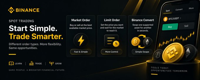 A Binance promotional banner titled "SPOT TRADING" with the slogan "Start Simple. Trade Smarter." featuring sections for Market Order, Limit Order, and Binance Convert, alongside a smartphone displaying a BTC/USDT trading interface and gold Binance coins.