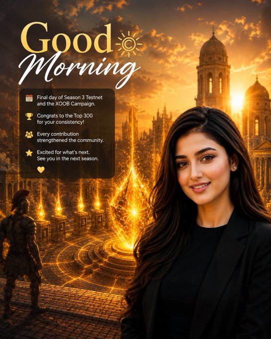 'Good Morning' greeting card featuring a smiling young woman with long dark hair against a fantasy golden sunset backdrop with castle towers, displaying community updates about 'Season 3 Testnet and the XOOB Campaign' and congrats to Top 300.