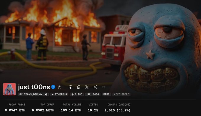 A 3D cartoon character with a wide, toothy grin and droopy eyes stands in the foreground while a house burns behind it, firefighters and a fire truck responding to the scene. The image appears on a webpage for the NFT collection "just t00ns" on Ethereum, showing a floor price of 0.0547 ETH, top offer of 0.0502 WETH, 163.14 ETH total volume, and 2,926 unique owners (58.7%). The chaotic, meme-like imagery of the fire juxtaposed with the smirking character visually represents the post's commentary about the "t00ns" project gaining traction—5.5x above mint price with high unique holder percentage—despite the surrounding chaos, fitting the ironic "just be t00ns about it" tone.