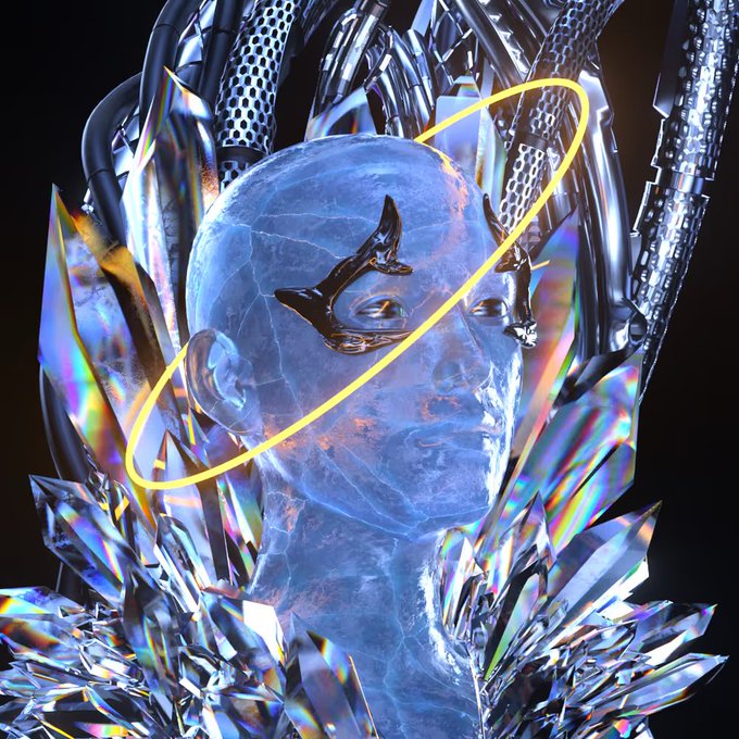 A futuristic 3D rendered image of a translucent blue cyborg/robotic head surrounded by iridescent crystals and metallic tentacles, with a yellow elliptical halo around it.