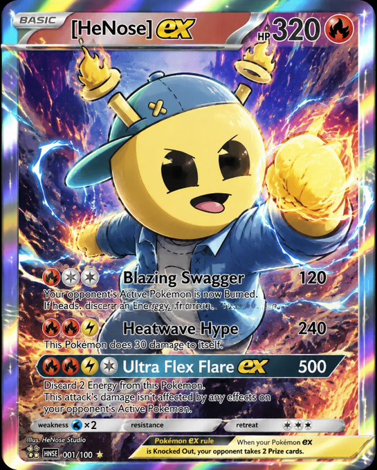 Pokémon trading card for '[HeNose] ex' with 320 HP, featuring a character in a blue cap and jacket with attacks 'Blazing Swagger', 'Heatwave Hype', and 'Ultra Flex Flare ex'.