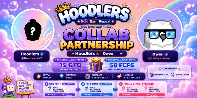 The image is a promotional graphic for a "HOODLERS COLLAB PARTNERSHIP" between Hoodlers (@HoodlersXYZ) and Owen (@0xWhyNotOwen), offering 15 GTD and 50 FCFS allowlist spots, with details showing a supply of 10,000, free mint, and a mint date of September 4. It complements the giveaway tweet by providing a visually engaging breakdown of the entry steps and partnership details.