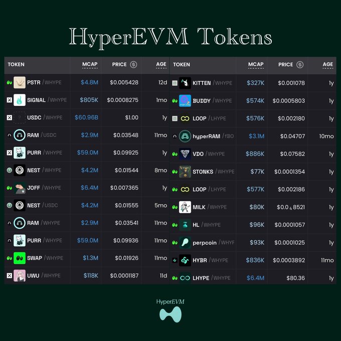 A digital table titled 'HyperEVM Tokens' lists various cryptocurrencies paired with WHYPE (such as PSTR, SIGNAL, USDC, RAM, and PURR) along with their market caps, prices, and token age.