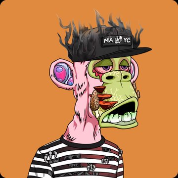 A cartoon illustration of a green-skinned zombie-like monkey character wearing a black cap with 'MA YC' text, a striped shirt, and gold chains, with smoke rising from its head against an orange background.