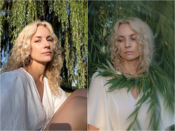 A diptych portrait of a blonde woman in flowing white attire, shown in golden-hour lighting against a willow tree and again with a leafy crown, evoking a serene, ethereal mood appropriate for a morning offering tied to the Fusion NFT collection.