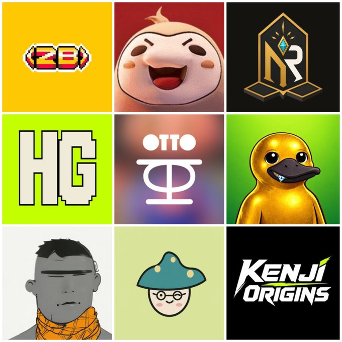 A 3x3 grid showcasing nine NFT collection logos, including pixelated "ZB" letters, a smiling animated face, an "NR" emblem, blocky "HG" text on green, "OTTO" branding, a golden duck character, a grayscale portrait, a blue-capped figure, and the text "KENJI ORIGINS"—visually representing the mint list of various NFT projects with their respective supplies across RH and Zec platforms.