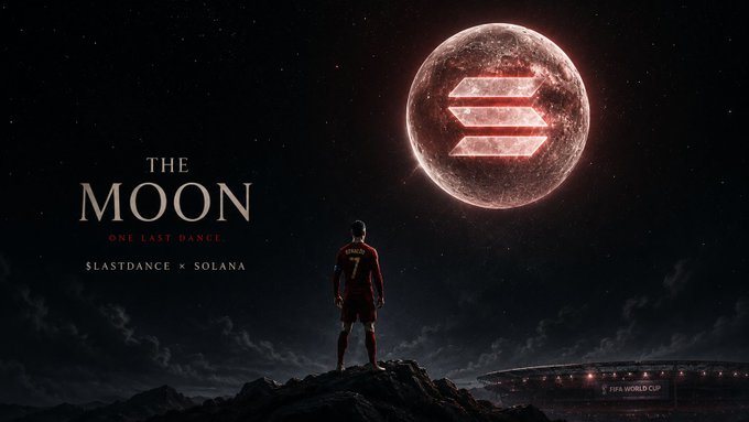A lone soccer player in a red jersey with the number 7 stands atop a rocky peak gazing at a glowing moon emblazoned with the Solana logo, while a stadium marked "FIFA WORLD CUP" sits in the distance. The text "THE MOON — ONE LAST DANCE — $LASTDANCE × SOLANA" anchors the cinematic scene, visually tying the post's "last dance" theme to Solana's blockchain and the dream of reaching the moon in crypto.