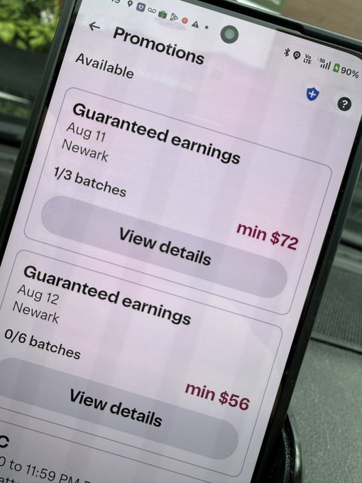 A close-up photo of a smartphone screen showing an Instacart Promotions page with two "Guaranteed earnings" offers in Newark—Aug 11 promising a minimum of $72 for 1/3 batches, and Aug 12 offering a minimum of $56 for 0/6 batches. The image playfully illustrates the poster's joke about settling for an Instacart payout while still waiting on a Pump airdrop.