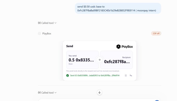 A screenshot of a crypto transaction interface on PayBox, showing the successful sending of 0.5 USDC base from a wallet starting with 0x8335 to a recipient address starting with 0xfc287f8a, as instructed in the command 'send $0.50 usdc base to 0xfc287f8aBa09BF2183C4Eb1b29eB28852F9E8114 ( moonpay intern )'.