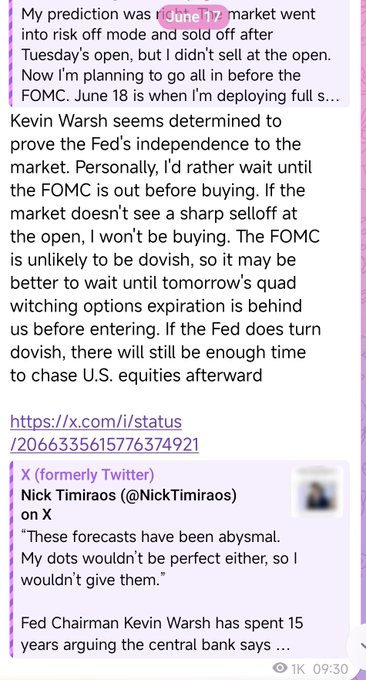 The image shows a screenshot of a text message from a Twitter account, which contains both relevant and unrelated information such as the date "My previous forecast was largely correct, but I shifted my view before the FOMC. The Fed is committed to maintaining its independence. As expected, the FOMC outcome aligned closely with what I anticipated". The discussion seems to revolve around a previous forecast that turned out to be accurate, and the Twitter user is now providing updates about the current situation.