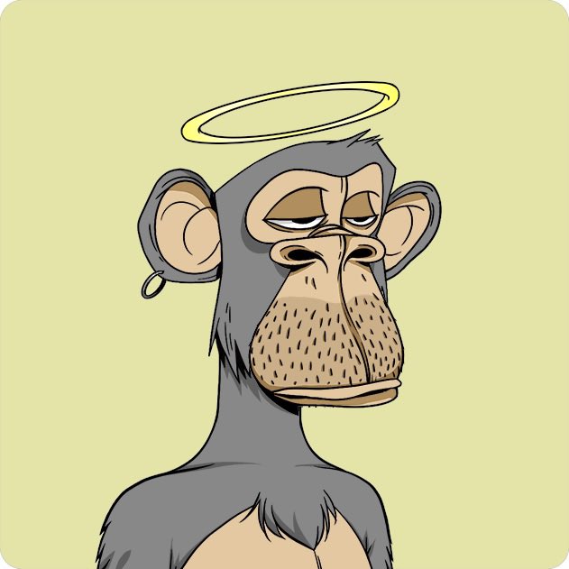 A digital illustration of a weary-looking Bored Ape Yacht Club (BAYC) NFT character with a yellow halo floating above its head, set against a pale green background, symbolizing a divine or "holy grail" moment to buy into the BoredApeYC collection.