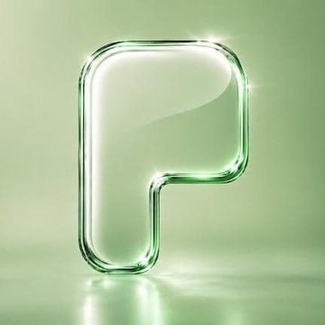 A 3D rendered translucent green letter 'P' glows against a light green background.