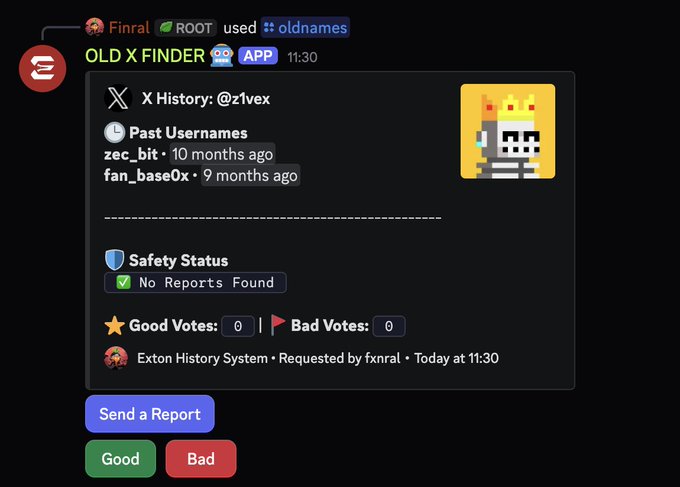 Discord screenshot of the 'OLD X FINDER' bot (Exton History System) showing X History for @z1vex, including past usernames 'zec_bit' (10 months ago) and 'fan_base0x' (9 months ago), with a clean safety status and zero good/bad votes.