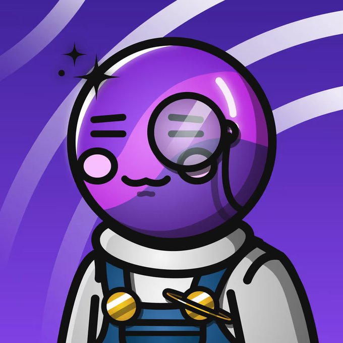 A cartoon illustration of a purple astronaut or character with a large head, wearing a space helmet, goggles, and blue overalls against a purple background with stars.