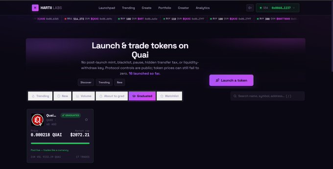 The HARTII LABS platform homepage promotes 'Launch & trade tokens on Quai' featuring 0.008218 QUAI at $2872.21.