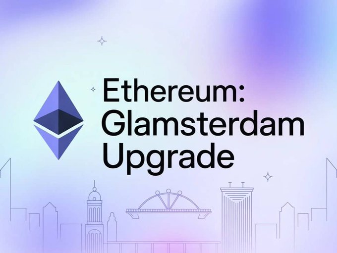 This image announces Ethereum's "Glamsterdam Upgrade". It features the Ethereum logo and stylized cityscapes, hinting at the network's future enhancements.