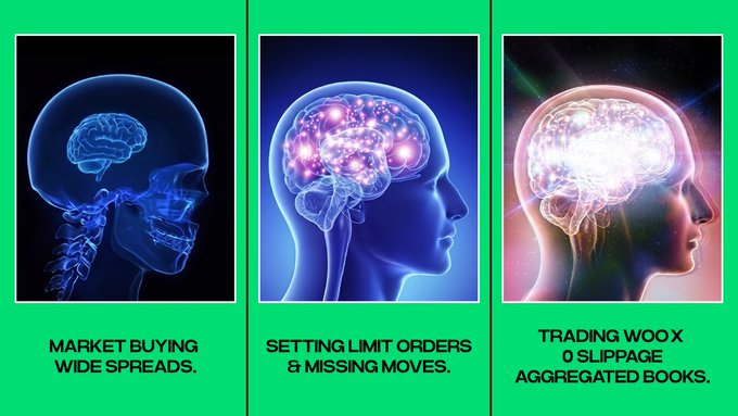 A three-panel infographic on a green background showing stylized X-ray images of human heads with increasingly bright glowing brains, captioned 'MARKET BUYING WIDE SPREADS.', 'SETTING LIMIT ORDERS & MISSING MOVES.', and 'TRADING WOO X 0 SLIPPAGE AGGREGATED BOOKS.'