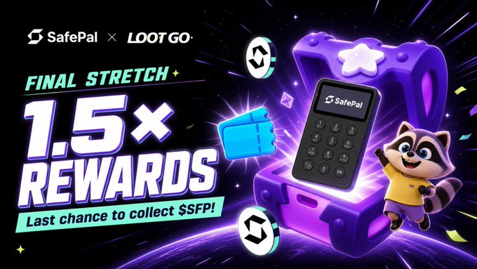 The promotional graphic announces SafePal × LOOTGO's "Final Stretch" offering 1.5× rewards, describing it as the "Last chance to collect $SFP!" The vibrant image features a SafePal hardware wallet emerging from a treasure chest alongside a cartoon raccoon mascot, visually reinforcing the limited-time 50% bonus reward incentive for completing quests during the campaign's final two weeks.