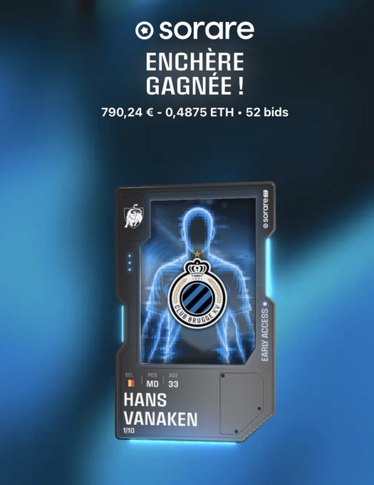 A Sorare digital trading card showing the silhouette of Hans Vanaken with Club Brugge KV branding, marked "EARLY ACCESS" and numbered 1/10, displayed above an "ENCHÈRE GAGNÉE!" (auction won) notification for 790,24 € / 0.4875 ETH with 52 bids—celebrating the user's successful acquisition of this rare limited-edition card ahead of the Belgian JPL season kickoff.