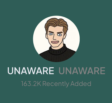 The image is a LunarCrush profile card for "UNAWARE" showing 163.2K recently added, featuring a cartoon avatar of a brown-haired man in a black turtleneck, which corresponds to the LunarCrush listing announcement for the $UNAWARE token alongside Antony Fraudci ($FRAUDCI).