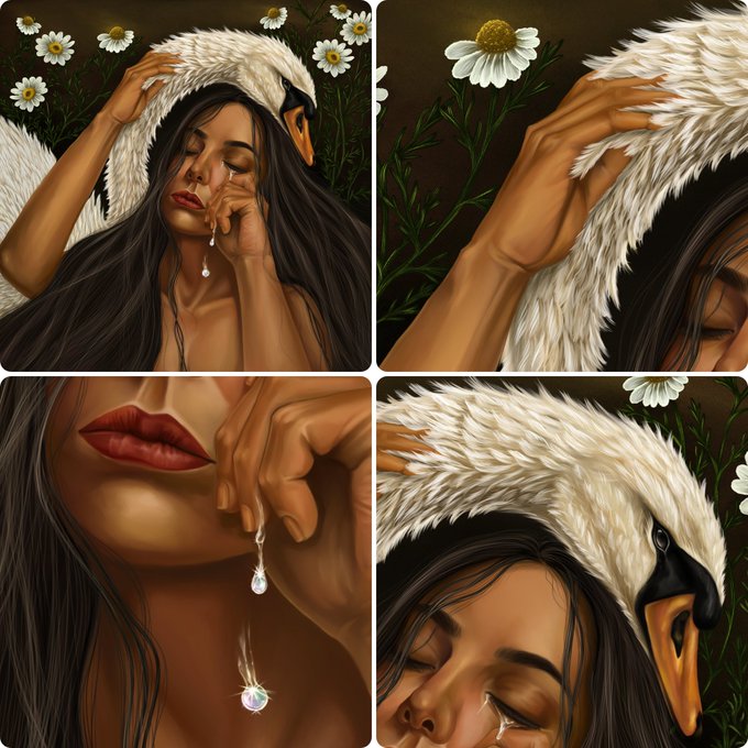 A four-panel digital illustration depicting a woman crying and wiping a tear, holding a crystal pendant, while a white bird rests on her head amidst daisies.
