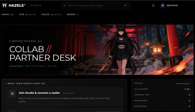 Screenshot of Hazels Studio's 'COLLAB // PARTNER DESK' page featuring anime-style artwork, showing status as CONFIRMED, WHITELIST ONLY, with 5 WL allocated.