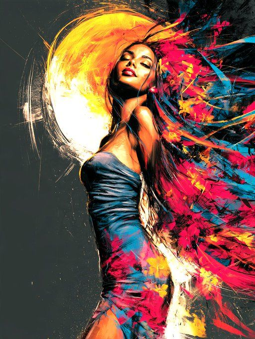 A vibrant, stylized painting depicts a woman in a blue dress against a colorful, abstract background with bold splashes of pink, yellow, and blue.