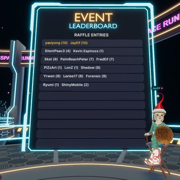A virtual event leaderboard displays "RAFFLE ENTRIES" with usernames and entry counts, topped by "pallyong (10)" and "JayElf (10)."