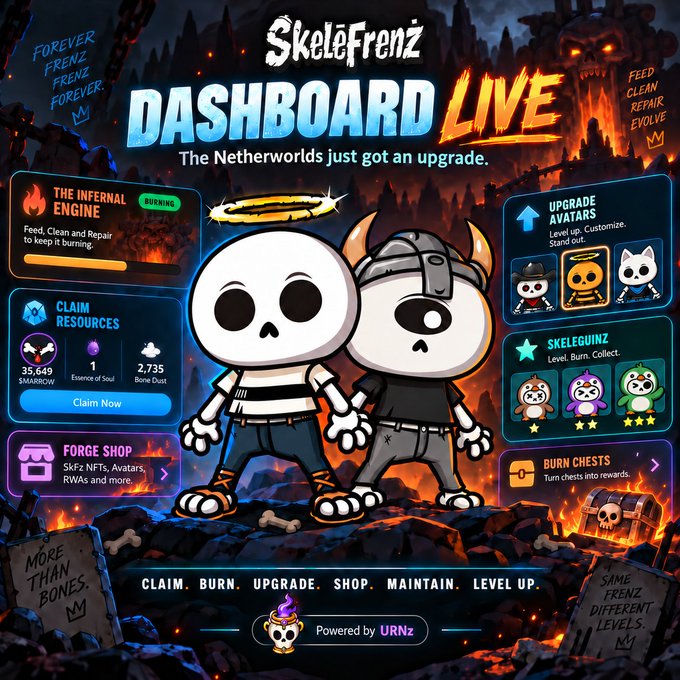 Promotional artwork for 'SkeleFrenz Dashboard LIVE' featuring two skeleton characters, with text 'The Netherworlds just got an upgrade' and options like 'THE INFERNAL ENGINE', 'CLAIM RESOURCES', 'FORGE SHOP', 'UPGRADE AVATARS', 'SKELEGUNZ', and 'BURN CHESTS', powered by URNZ.