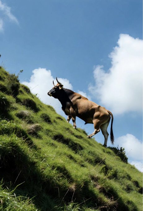 A brown bull with long horns stands on a steep grassy hillside against a backdrop of blue sky and white clouds.