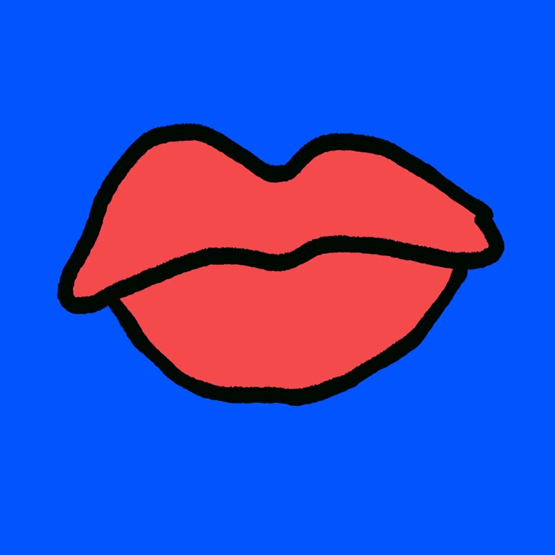 The image features a red lips illustration, which is the main focus of the picture. The lips are outlined with black lines, giving them a cartoon-like appearance. The background color of the image is blue, providing a contrast that makes the red lips stand out even more. There is also text present in the image, including the words "gm 𝘙𝘰𝘮𝘢𝘯𝘤𝘦 𝘚𝘺𝘮𝘣𝘰𝘭𝘪𝘴𝘮" and "open_ob 𝘯ow on auction at @objktcom 25 tez starting bid". The text is located in the bottom right corner of the image, while the red lips are positioned in the top left corner.