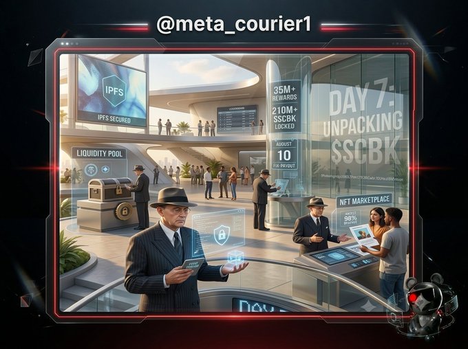 An image credited to '@meta_courier1' shows a futuristic 'DAY 7: UNPACKING SSCBK' scene depicting men in suits interacting with digital displays for IPFS, Liquidity Pools, and an NFT Marketplace.