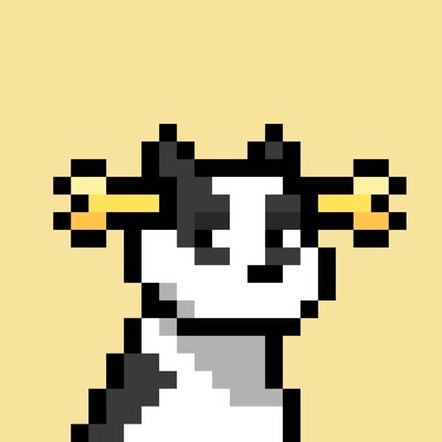 A simple pixel art illustration of a black and white cow-like creature with yellow horns against a yellow background.
