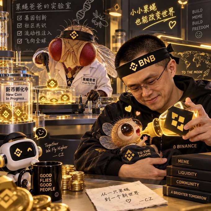 A whimsical AI-generated image showing CZ (Changpeng Zhao) of Binance wearing a BNB headband in a 'Fruit Fly Dad' laboratory, feeding a cartoon fly with BNB branding, surrounded by crypto-themed text like 'TO THE MOON' and 'BUILD MEME BUILD FREEDOM'.