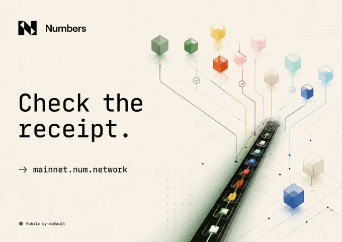 The image features an advertisement for Numbers Mainnet's mainnet.net service. The text "Check the receipt." is displayed, indicating that the viewer should check their transaction history or verify their account information. The background of the image consists of a grid of colorful cubes and lines, creating a visually appealing layout. The post also mentions that the mainnet.net service is not a PDF and does not require compliance reports, but rather provides an open-ended ledger for anyone to inspect.