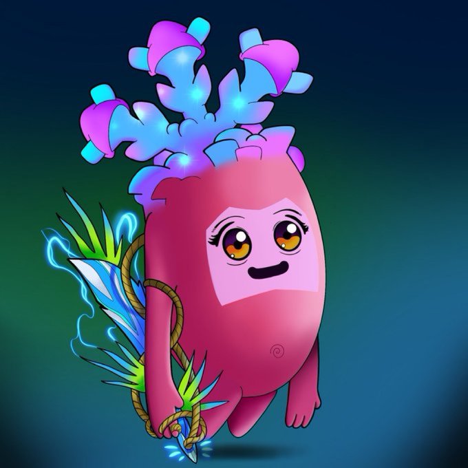 A whimsical pink creature with a smiling face, adorned with a glowing blue crown and feathered accessories, standing against a teal gradient background. The character appears to be a promotional mascot for the "1111 Ferals" NFT collection launching on OpenSea, as referenced in the accompanying post.