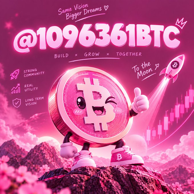 A pink-themed promotional graphic featuring a cute anthropomorphized Bitcoin coin character with the text '@1096361BTC', 'Same Vision Bigger Dreams', 'BUILD x GROW x TOGETHER', and 'To the Moon'.