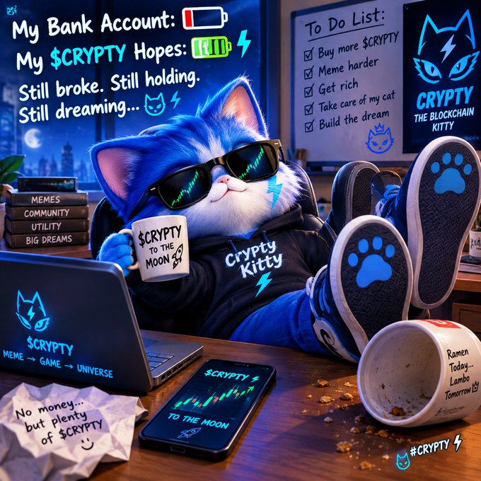 Digital illustration of a blue cat named "$CRYPTY the Blockchain Kitty" wearing sunglasses and a hoodie, lounging at a desk with crypto-themed items, a "$CRYPTY to the moon" mug, and a to-do list including "Buy more $CRYPTY" and "Meme harder."
