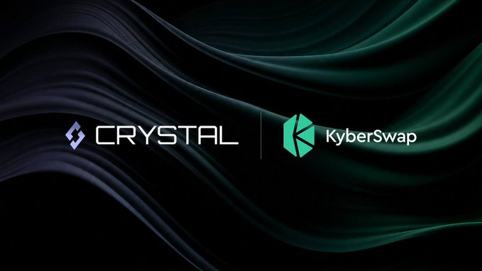 A dark, wavy-textured banner displays the logos for "CRYSTAL" and "KyberSwap" side by side, separated by a vertical line.