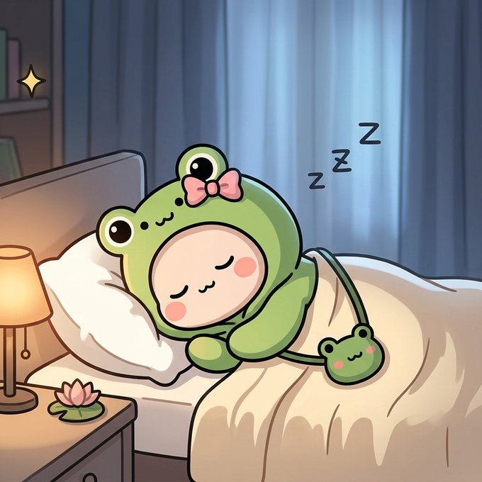 A cartoon illustration of a character in a green frog onesie with a pink bow sleeping in bed, with 'Z Z Z' floating above.