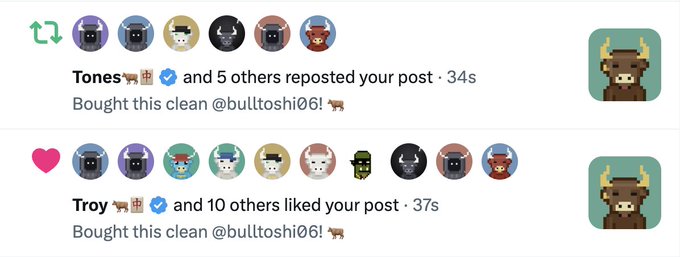 A screenshot of social media notifications showing that "Tones" and 5 others reposted, and "Troy" and 10 others liked a post stating "Bought this clean @bulltoshi06!"