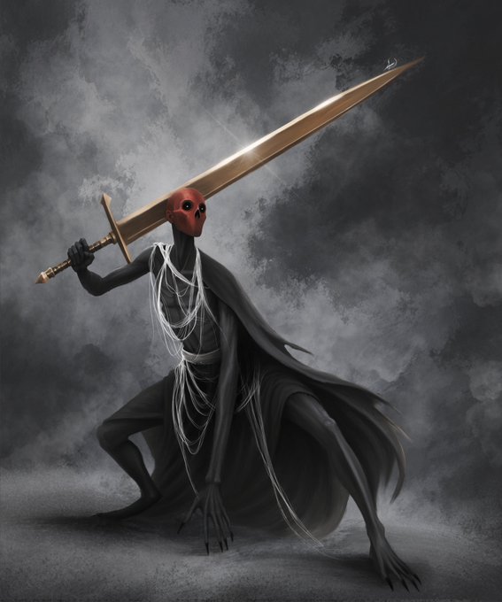 A dark, slender figure wearing a red mask and black cape wields a large golden sword against a cloudy gray backdrop.