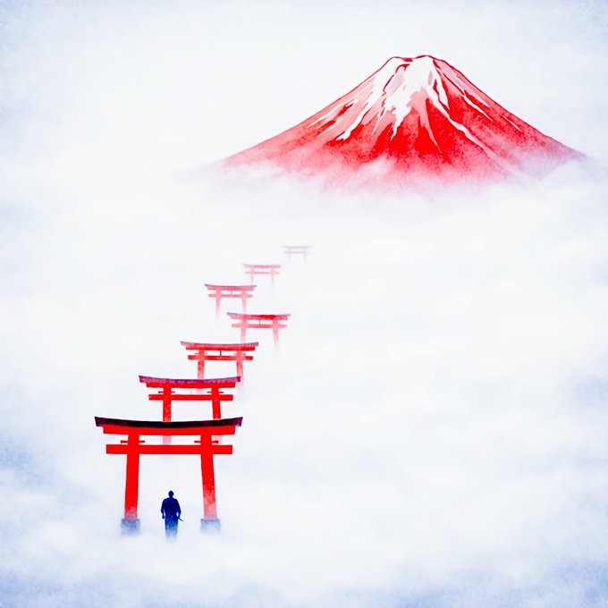 A minimalist digital artwork features a red Mount Fuji above a row of red torii gates fading into mist, with a small silhouette of a person standing before the first gate.