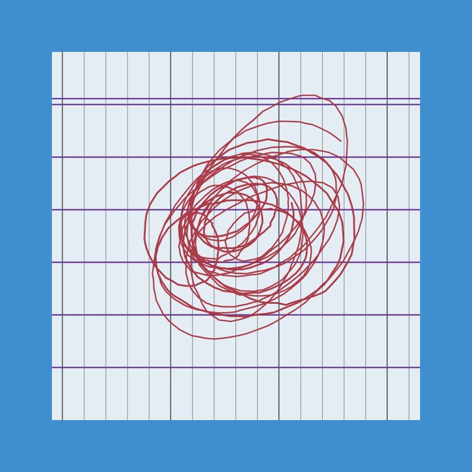 A simple graphic showing a chaotic red scribble on a white grid background with a blue border.